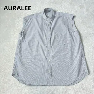 새상품급 AURALEE 오라리 밴드 카라 스트라이프 슬리브리스 셔츠