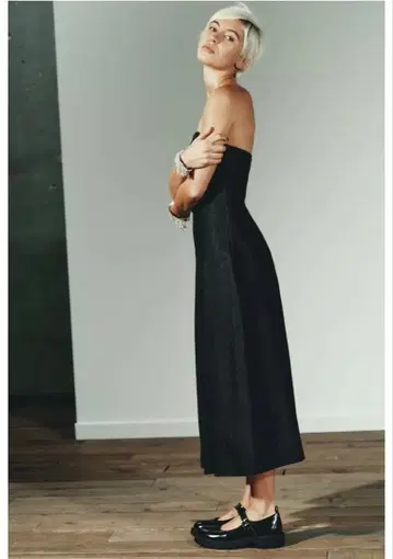 ZARA TRF 스트랩리스 데님 미디 원피스 블랙 XS