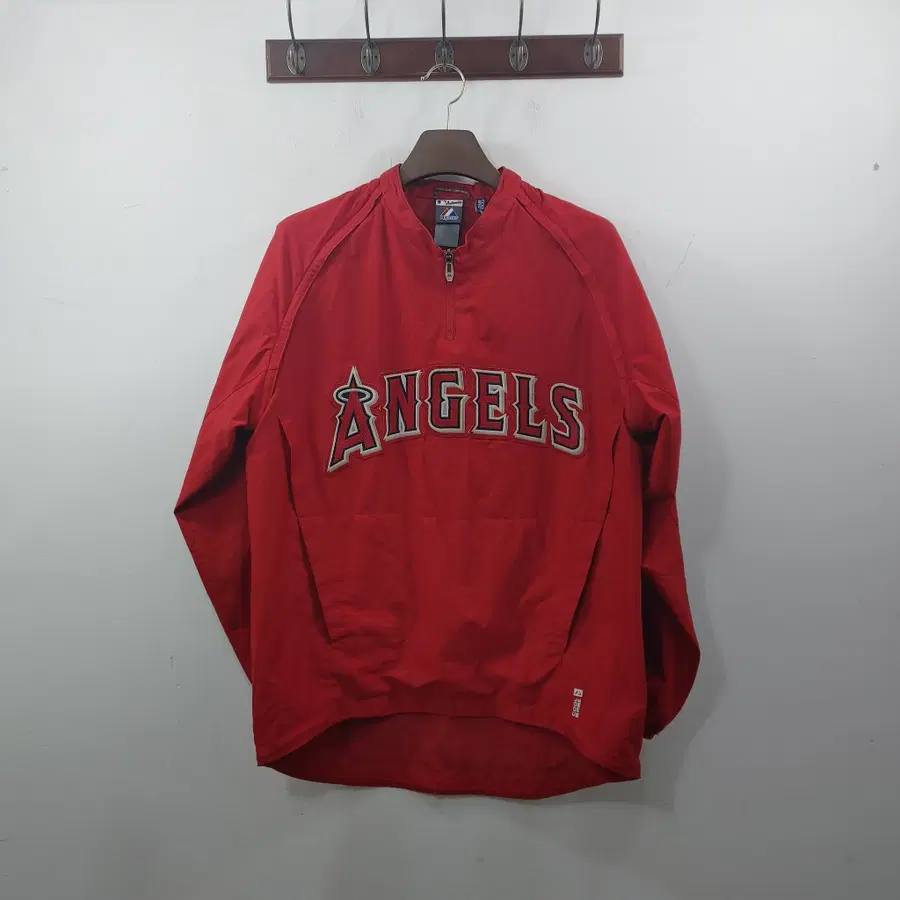 추XL-2XL LA에인절스 남성 레드 아노락 야구 긴팔 자켓 티셔츠