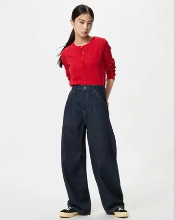 미사용 새상품 유니클로 UNIQLO 배기 배럴 레그 청바지/기장 짧음 27