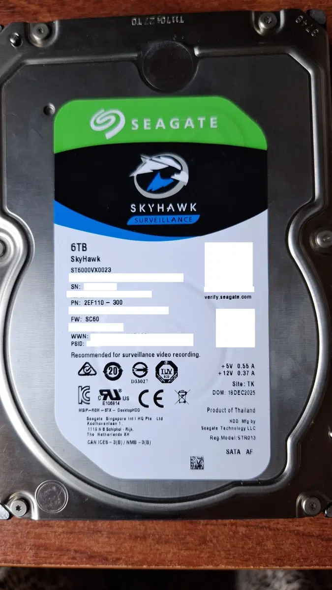 [S급/사용15일] 씨게이트 시게이트 SkyHawk 6TB 감시용 HDD