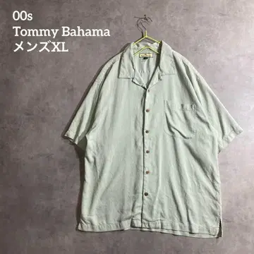 00s Tommy Bahama 실크 100% 오픈 카라 반팔 셔츠 민트 XL