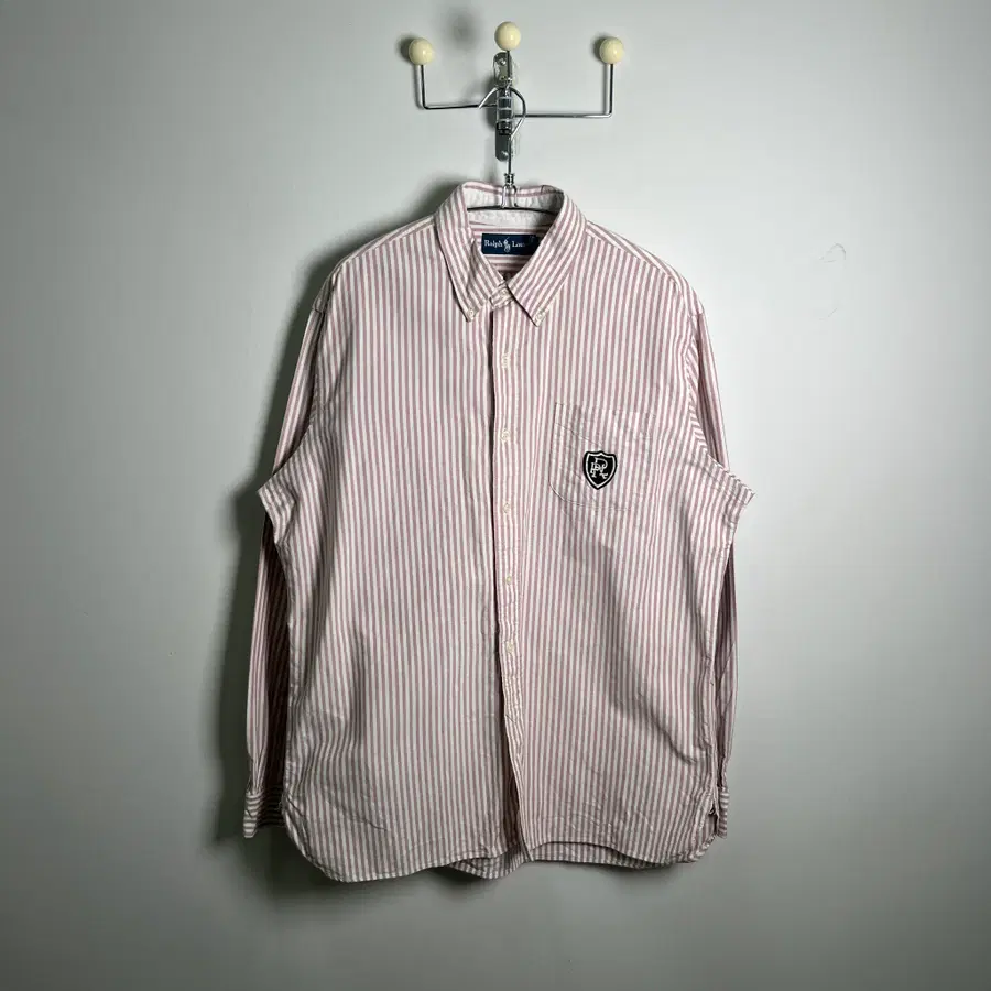 POLO 폴로 랄프로렌 딥핑크 화이트 스트라이프 로고 패치 셔츠 XL
