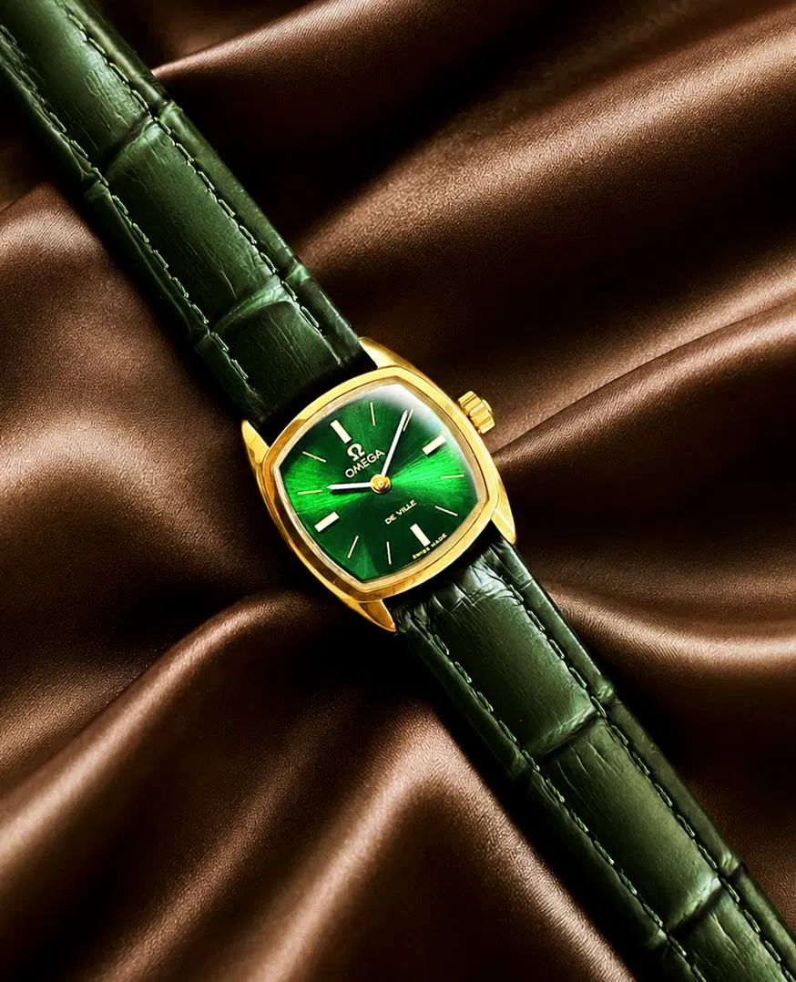 오메가 드빌 스퀘어 그린판 여성 수동 미니 가죽 시계