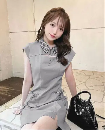 미셸 마카롱 체크 리본 미니 원피스 그레이