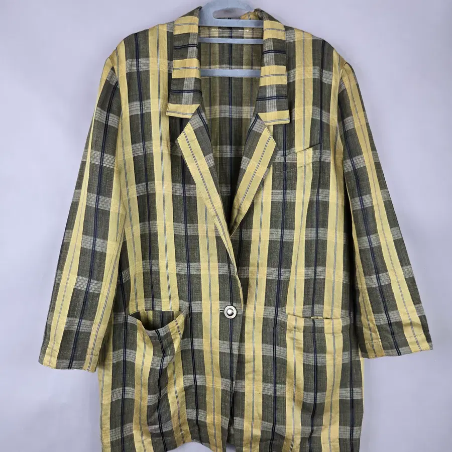 [무료배송]여성 38 일본브랜드 린넨 마 100% 오버핏 체크 빈티지 자켓