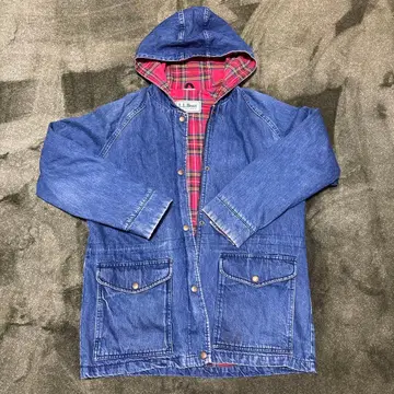 80s L.L.Bean 데님 자켓 후드 부착 체크 무늬 안감