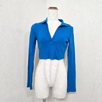ZARA 자라 V넥 리브 니트 숏 기장 긴팔 블루 ( M )