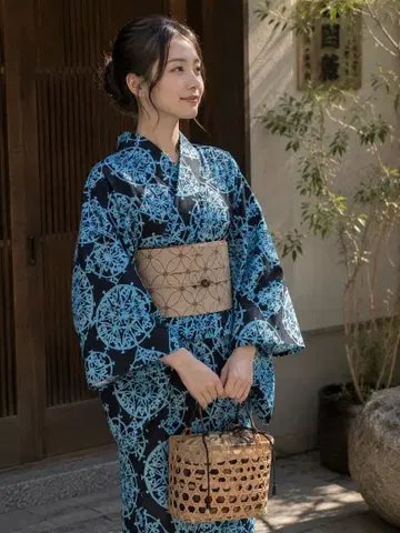 미사용 미마츠 유카타 + 칠보 패턴 반폭 오비 프레타 블루 x 블랙 기하학 패턴