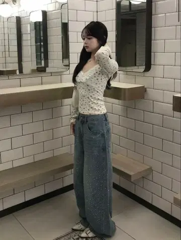 허리 코드 큐빅 와이드 데님 팬츠