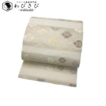 여름 오비 나고야 오비 명주 가로 줄무늬 꽃무늬 금실 미색 O-6348