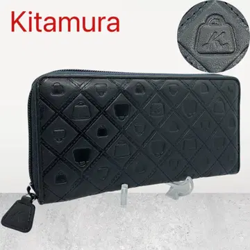 새상품급 Kitamura 키타무라 장지갑 라운드 지퍼 백 무늬 네이비