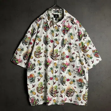 스펀지밥 올 패턴 반팔 셔츠 면 100% US L 화이트 L~XL 상당 컨디션 최상