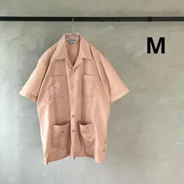 90-00s ROMANI 쿠바 셔츠 핑크 베이지 자수 핀턱