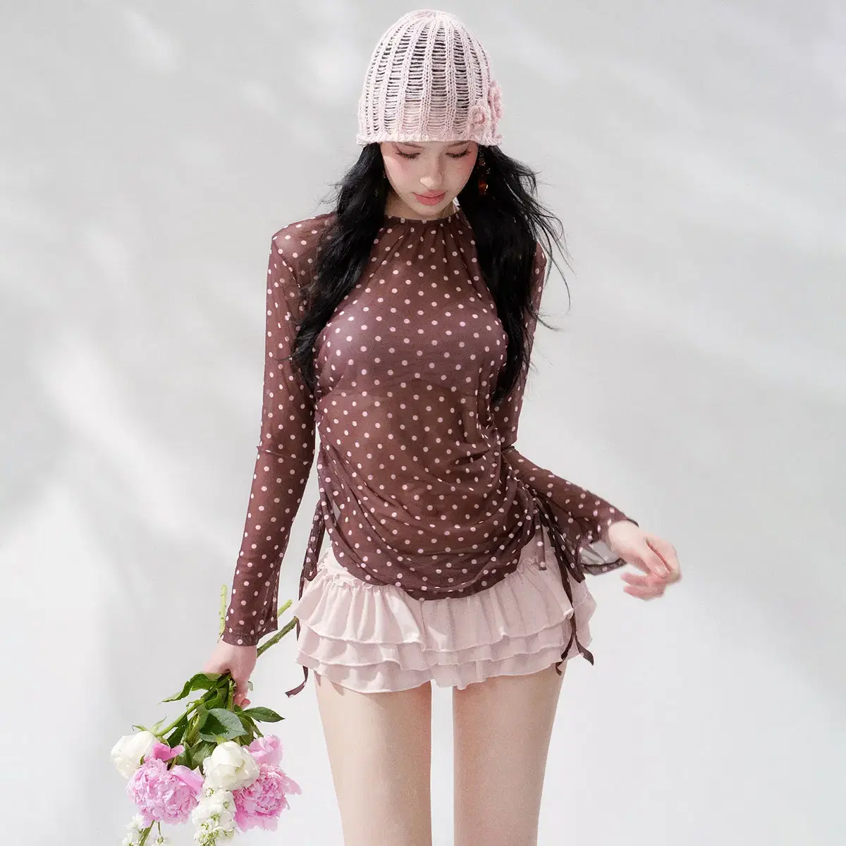 Pinkup 핑크 비키니 도트 셔링 롱슬리브 티 캉캉 스커트 4피스