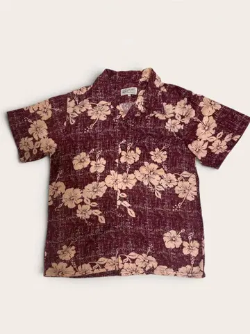 빈티지 Hawaiian ALOHA 반팔 셔츠 버건디 꽃무늬 L 사이즈