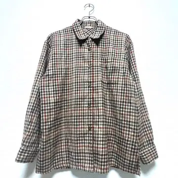 포퓰러 브라운 체크 무늬 셔츠 가슴 포켓 부착 버튼 레이어드 약간 두꺼운 원단