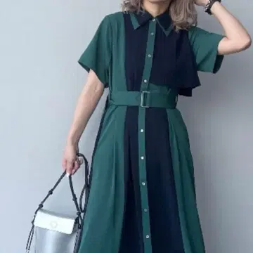 [ HARE ] 플리츠 절개 셔츠 원피스 네이비 x 그린