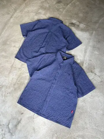 BELVET 반팔 체크 셔츠 네이비