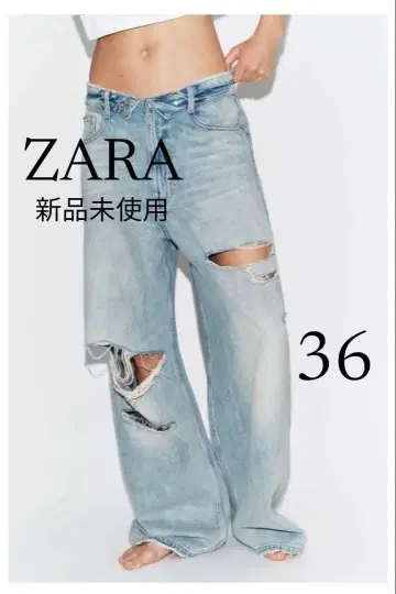 ZARA 데미지 가공 미드 라이즈 접힌 허리 데님 팬츠 36