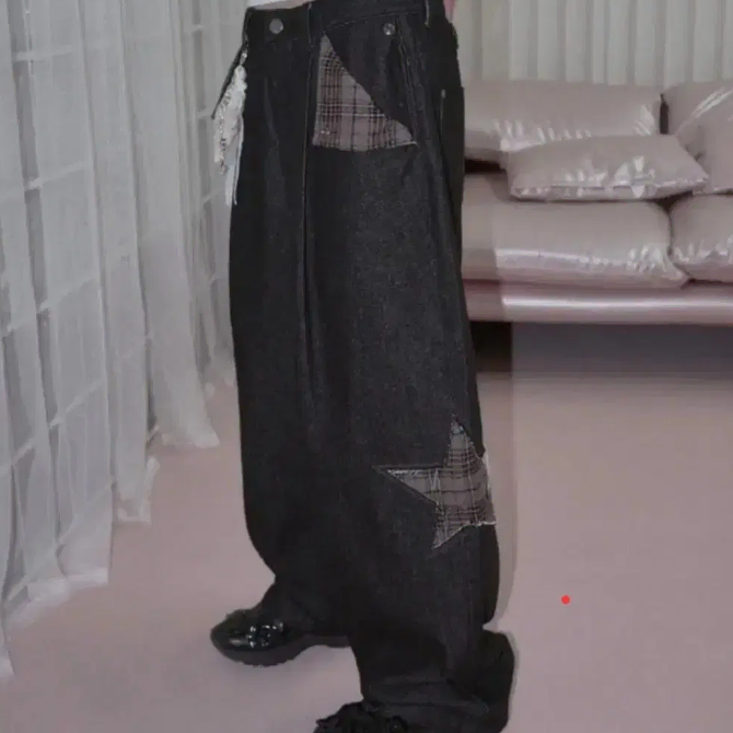 프렌다 데님 체크 믹스 팬츠