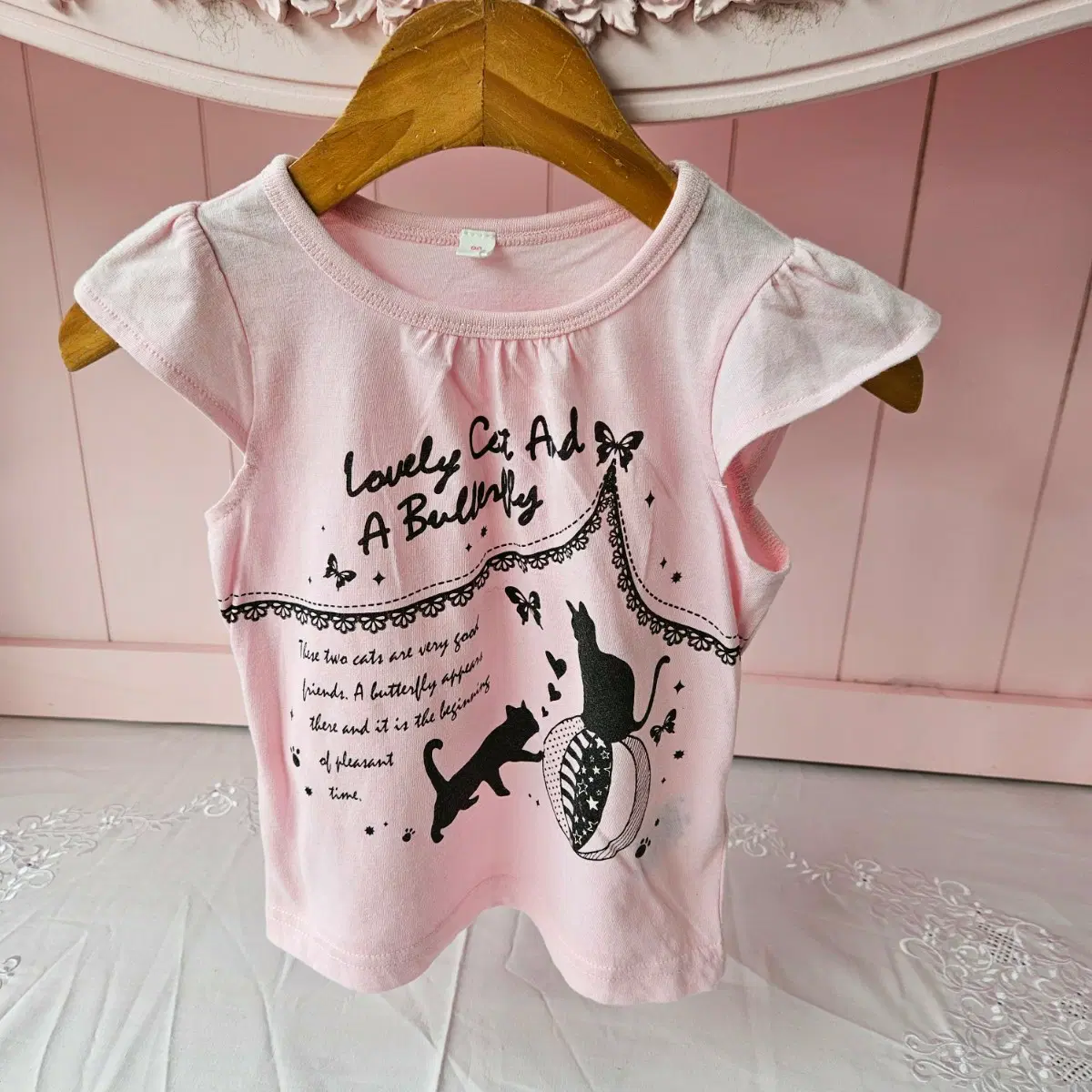 90 아동복 핑크 고양이 나비 반팔 티셔츠