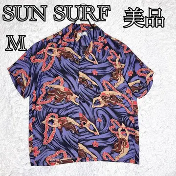 새상품급 SUN SURF 하와이안 셔츠 플라걸 파도 패턴 M 퍼플 일본제