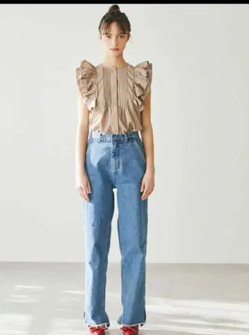 [ 미사용 새상품 ] intimite Frill Shirt 스트라이프 브라운