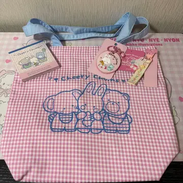 산리오 치어리 참 토트백 깅엄 체크 자수 와펜 메모