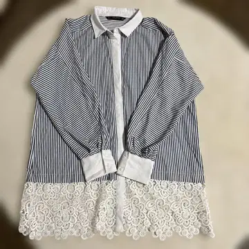 ZARA BASIC 스트라이프 셔츠 레이스 밑단 긴팔