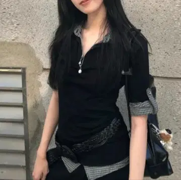 페이크 레이어드 반팔 피케 셔츠 체크 무늬 x 무지 여름 반팔 T셔츠