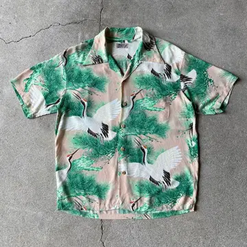 SUN SURF FIRE LAND 오픈 카라 하와이안 셔츠 학, 소나무, 일본풍 패턴 M 품번