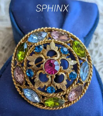 SPHINX 멀티 컬러 큐빅 브로치 골드 영국 빈티지