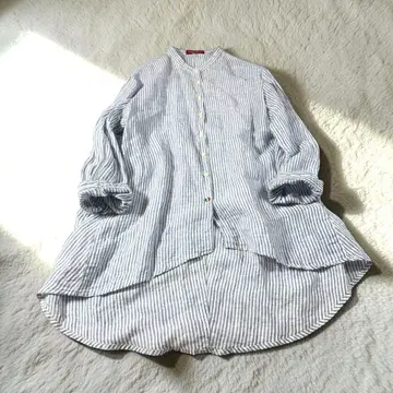 이탈리아제 린넨 100 스트라이프 변형 헴 롱 셔츠 루즈핏