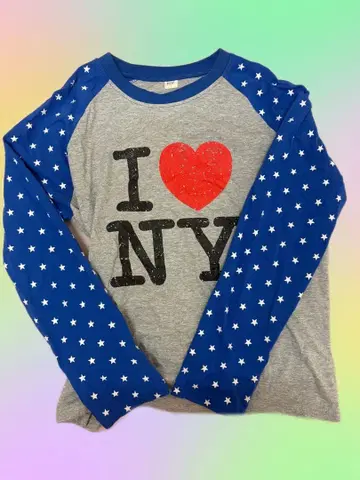 I Love NY 긴팔 티셔츠 별 패턴 래글런