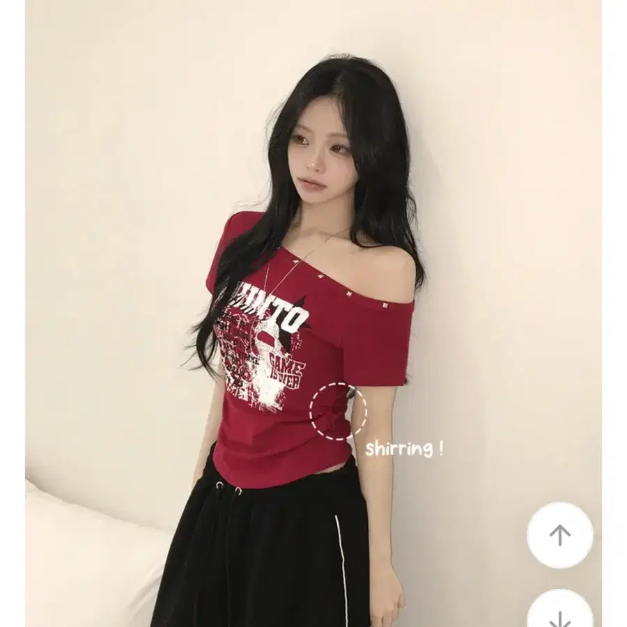 Y2k 옆셔링 원오프숄더 레드 힙무드 오프숄더 셔링 말라핏 여자 에이블리