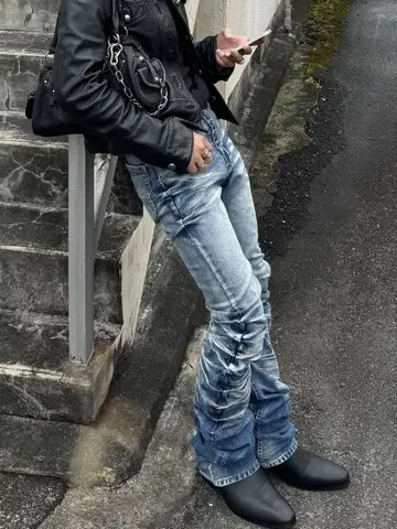 빈티지 워싱 무릎 플리트 데님 팬츠