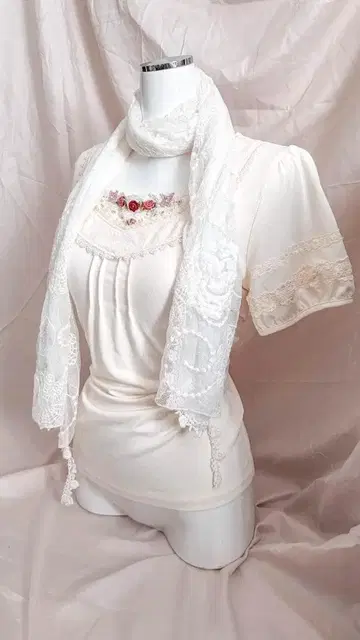 로즈 자수 비쥬 레이스 티셔츠 모리걸 코켓 스타일