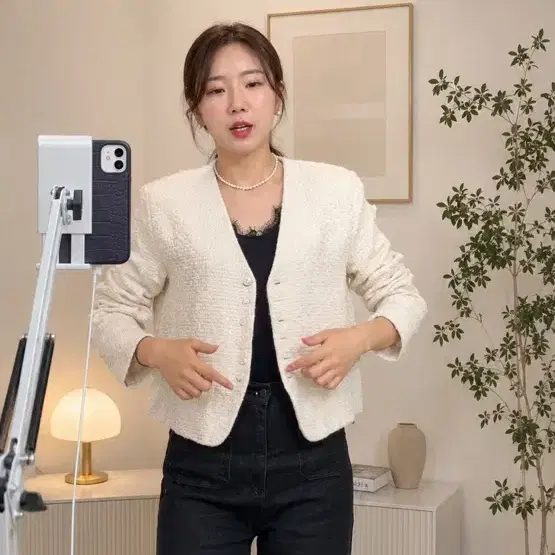 모노클 아이보리 트위드 크롭 자켓