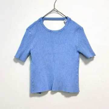 ZARA 리브 니트 반팔 상의 스카이블루 등 트임 백 오픈 Y2K