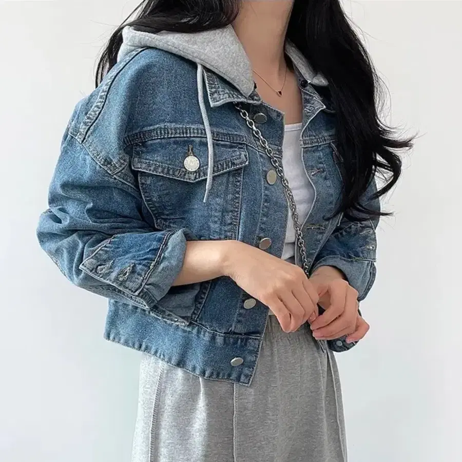 청자켓 후드 배색 크롭 데님 자켓