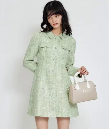 비쥬 버튼 팬시 트위드 셔츠 미니 원피스 민트