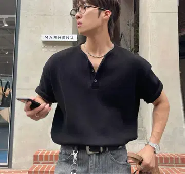 와플 헨리넥 반팔 티셔츠 블랙