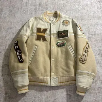 90s Karl Helmut 와펜 가죽 바시티 자켓 아이보리 L