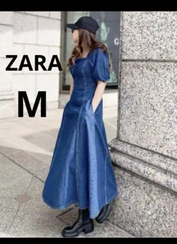 ZARA 자라 데님 원피스 스퀘어 넥 퍼프 슬리브 원피스 M