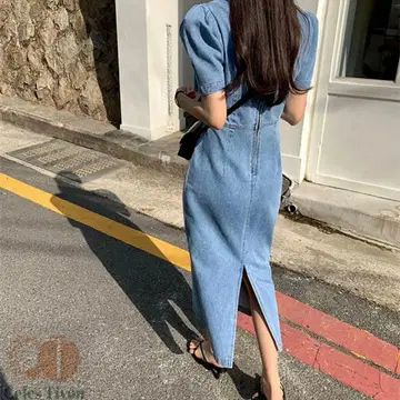 [ 미사용 새상품 ] 퍼프 슬리브 데님 반팔 롱 원피스 M 사이즈