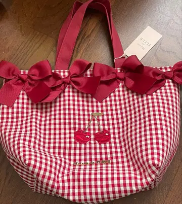 Maison de FLEUR 메조풀 체리 자수 깅엄 리본 토트백