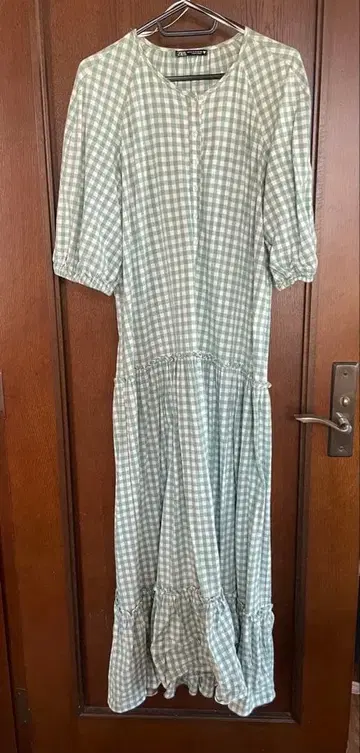ZARA 깅엄 체크 반팔 티어드 원피스
