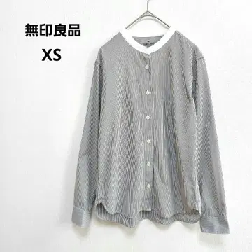MUJI 무인양품 스트라이프 긴팔 셔츠 밴드 카라 그레이 화이트