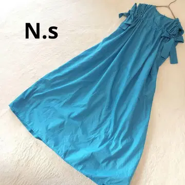 N.s 소매 개더 리본 플레어 롱 원피스 파랑 새상품급